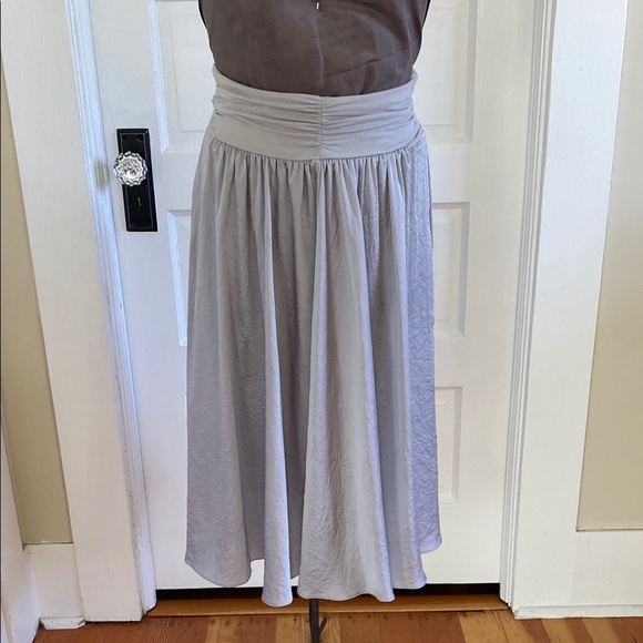 CAbi Dresses & Skirts - CAbi Silky Silver A-Line Skirt‎ Stretch Knit Waist Small